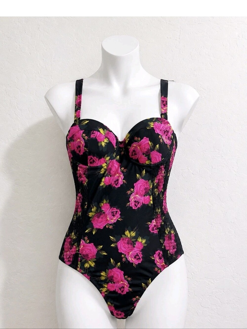 Betsey Johnson Black One-Piece with Fuchsia Rose 50s Sz Med Floral Rockabilly